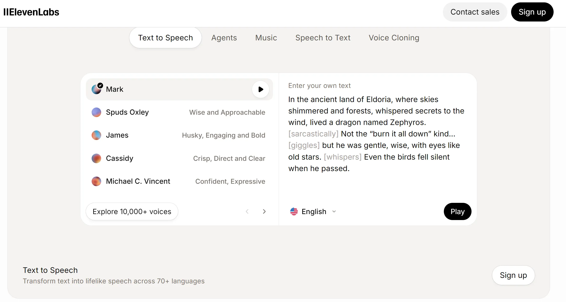 ElevenLabs interface - Voice Cloning feature and multilingual voice selection, audiobook Projects workflow
