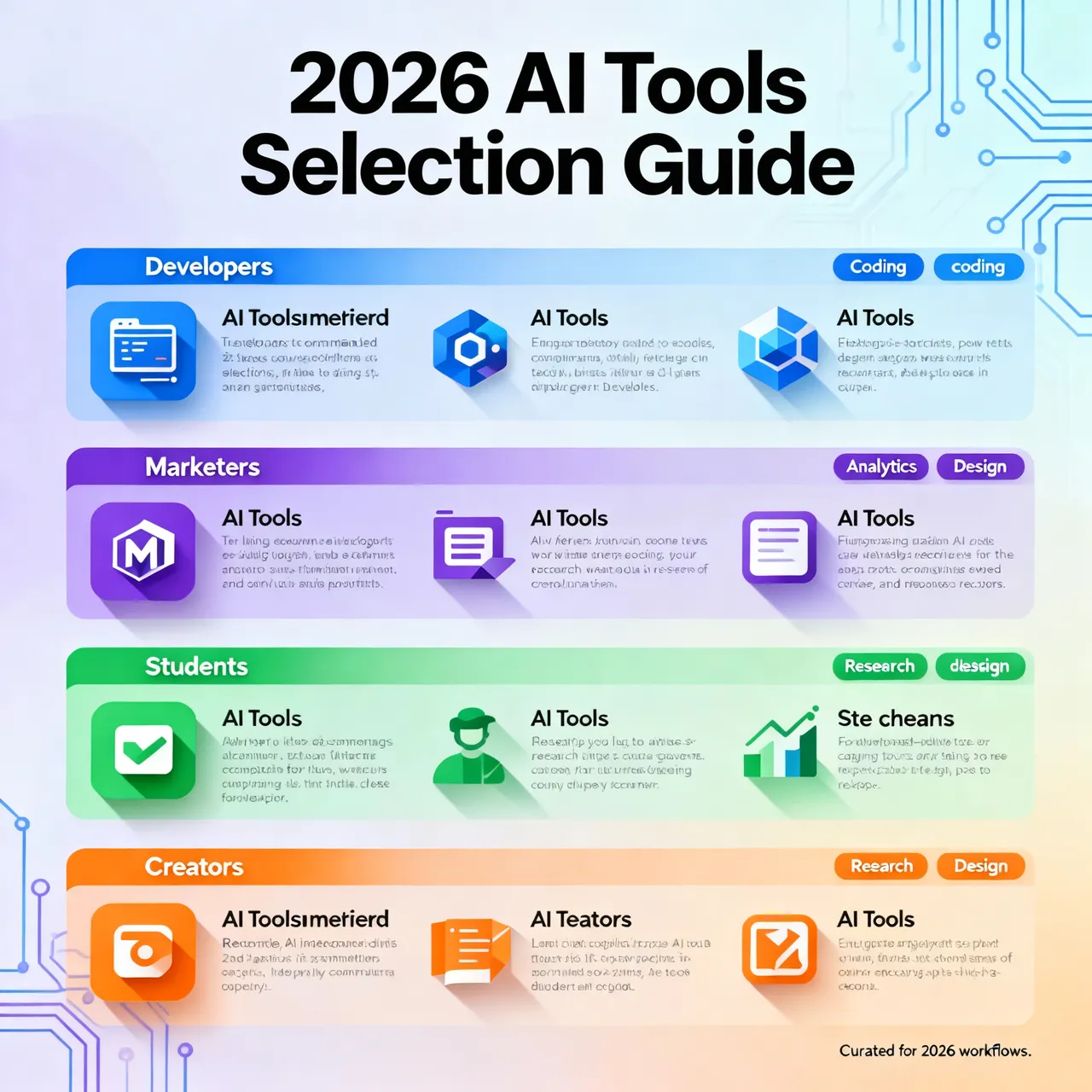 2026 AI Tool Selection Guide Infographic - recommended tool combinations for developers, marketers, students, and creators