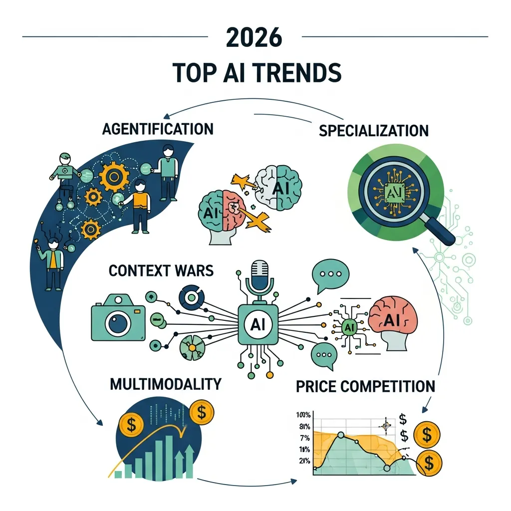 2026 AI Trends Infographic - visualizing 5 key trends: agentification, specialization, context wars, multimodality, and price competition