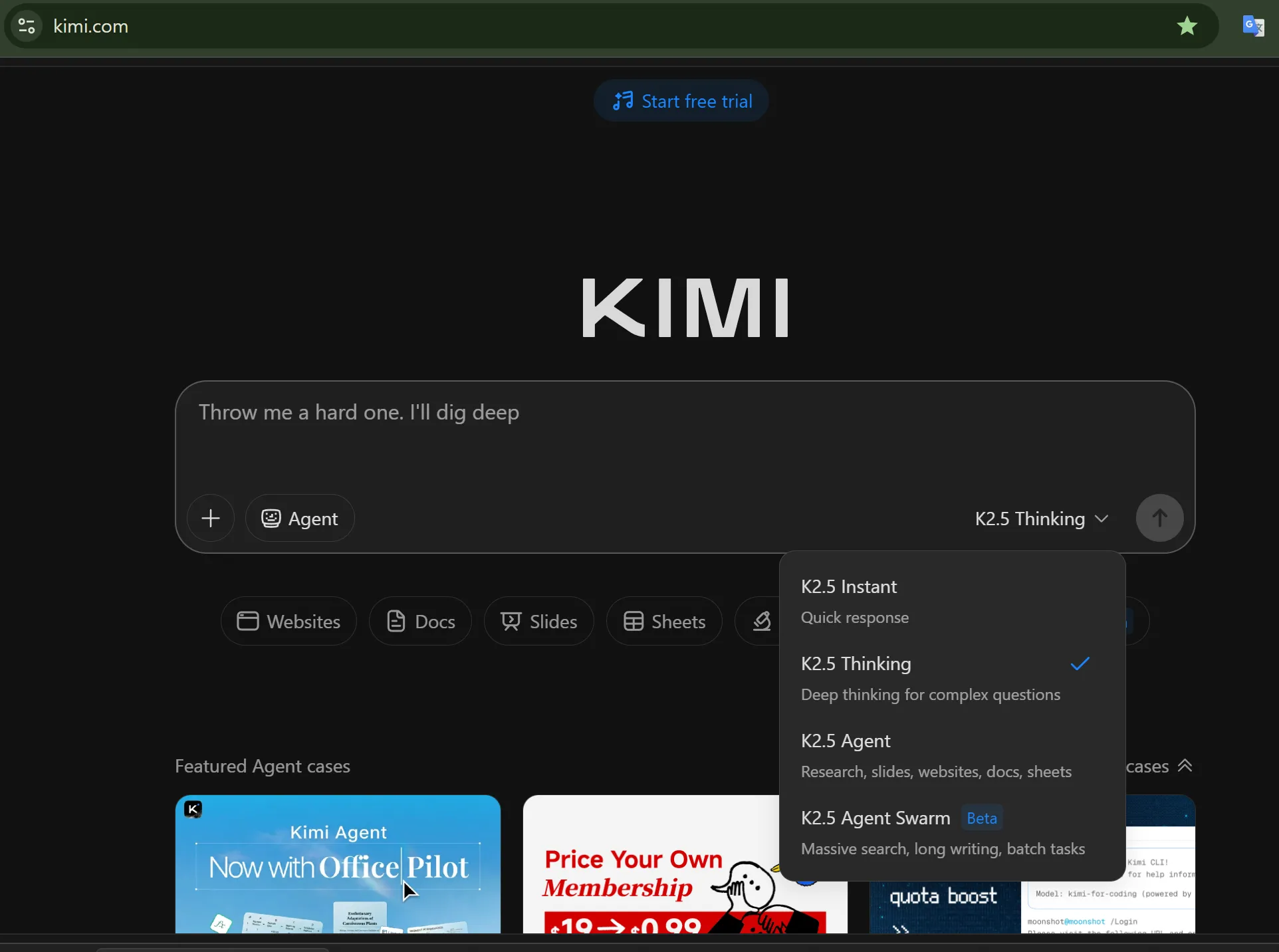 Kimi AI's various mode interfaces - Instant, Thinking, Agent modes and 2 million token context processing example