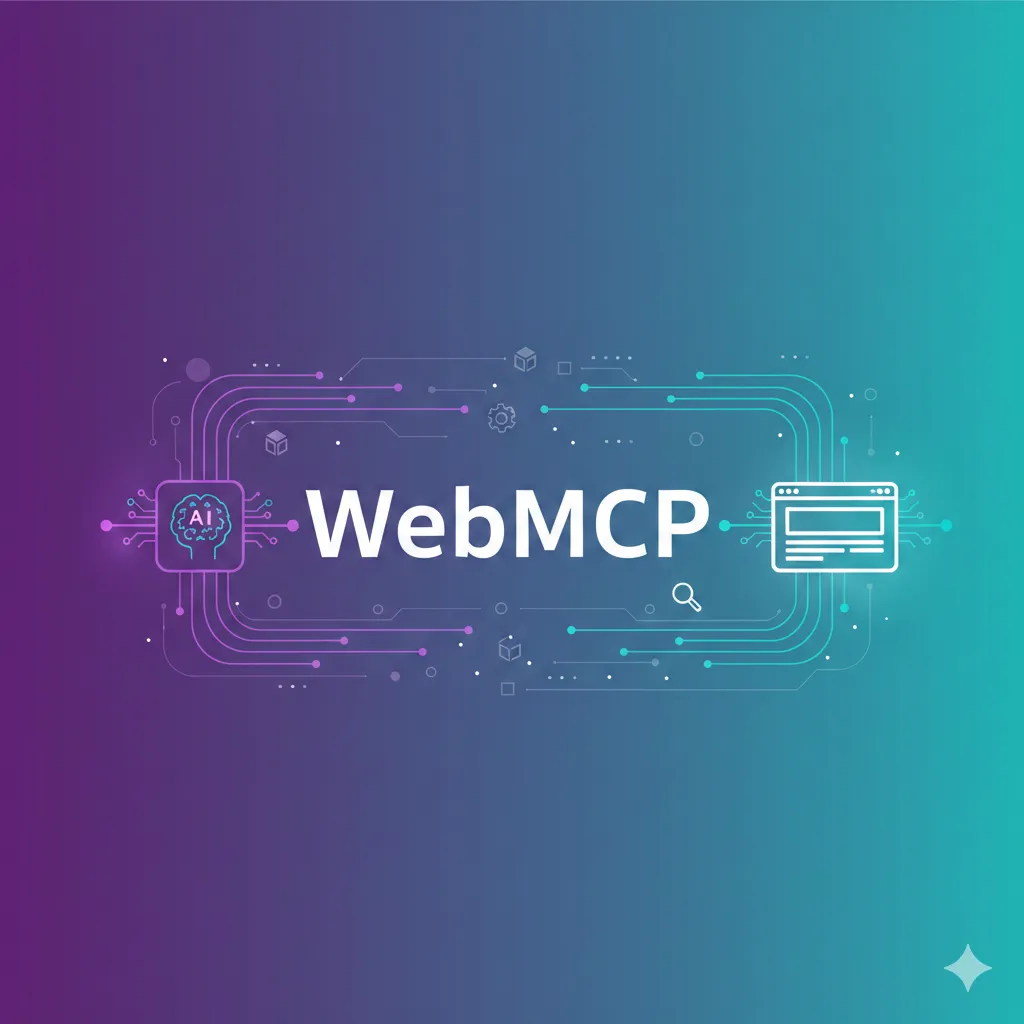 WebMCP 개념 아트 - AI 에이전트와 웹사이트가 Model Context Protocol로 연결된 추상적 일러스트레이션, 보라색과 청록색 네온 효과