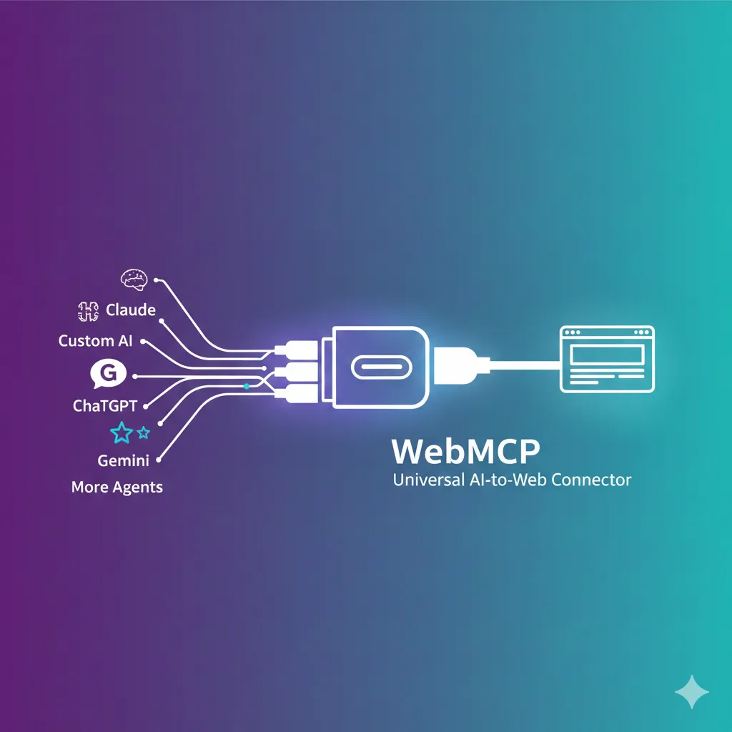 WebMCP USB-C 비유 인포그래픽 - 다양한 AI 에이전트가 하나의 표준 프로토콜로 웹사이트에 연결되는 개념도