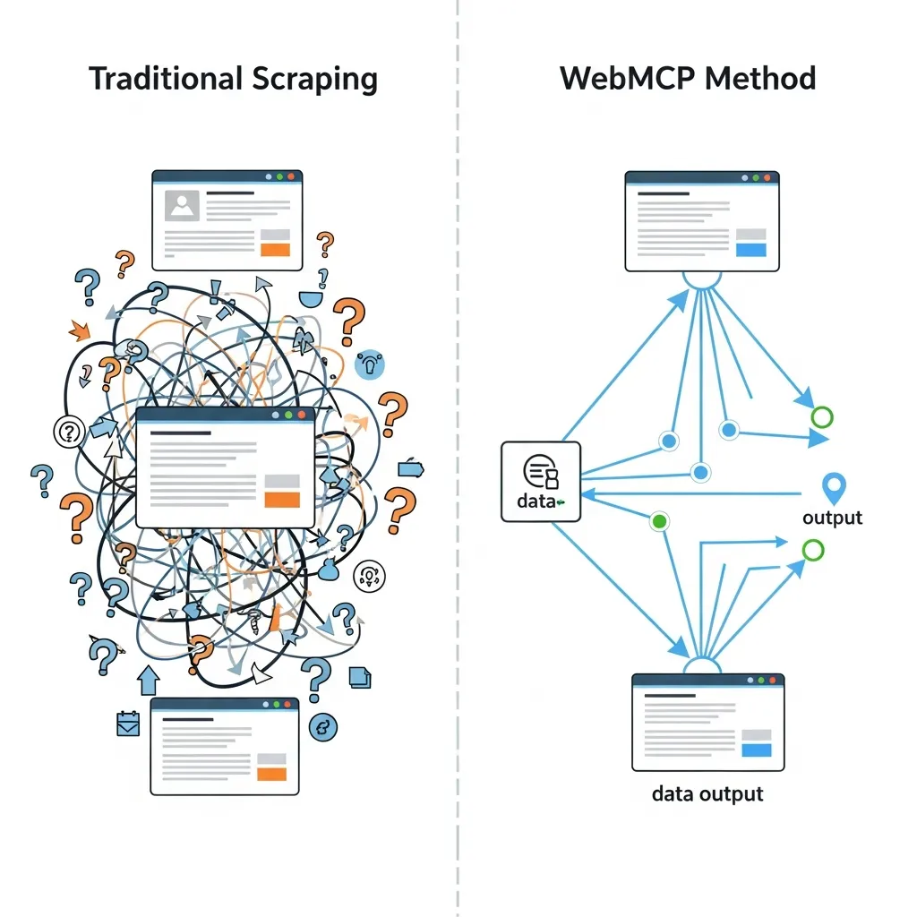 기존 스크래핑 방식 vs WebMCP 방식 비교 - 왼쪽은 혼란스러운 DOM 파싱, 오른쪽은 깔끔한 구조화된 도구 호출