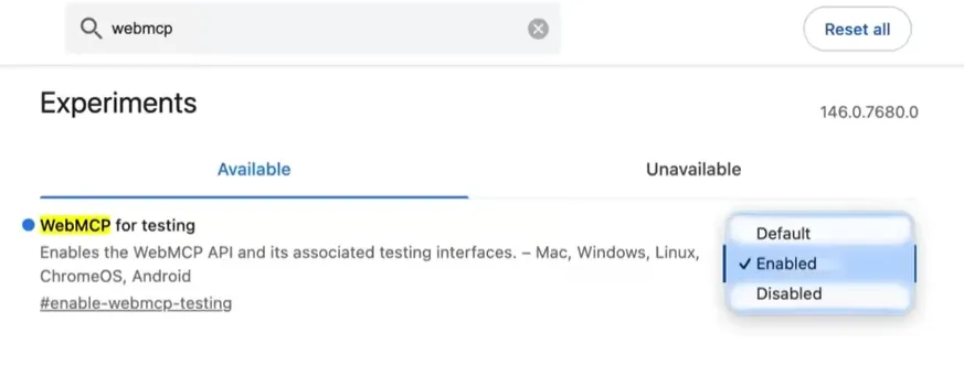 Chrome Canary에서 WebMCP 플래그 활성화 및 Model Context Tool Inspector 확장 프로그램 인터페이스 스크린샷