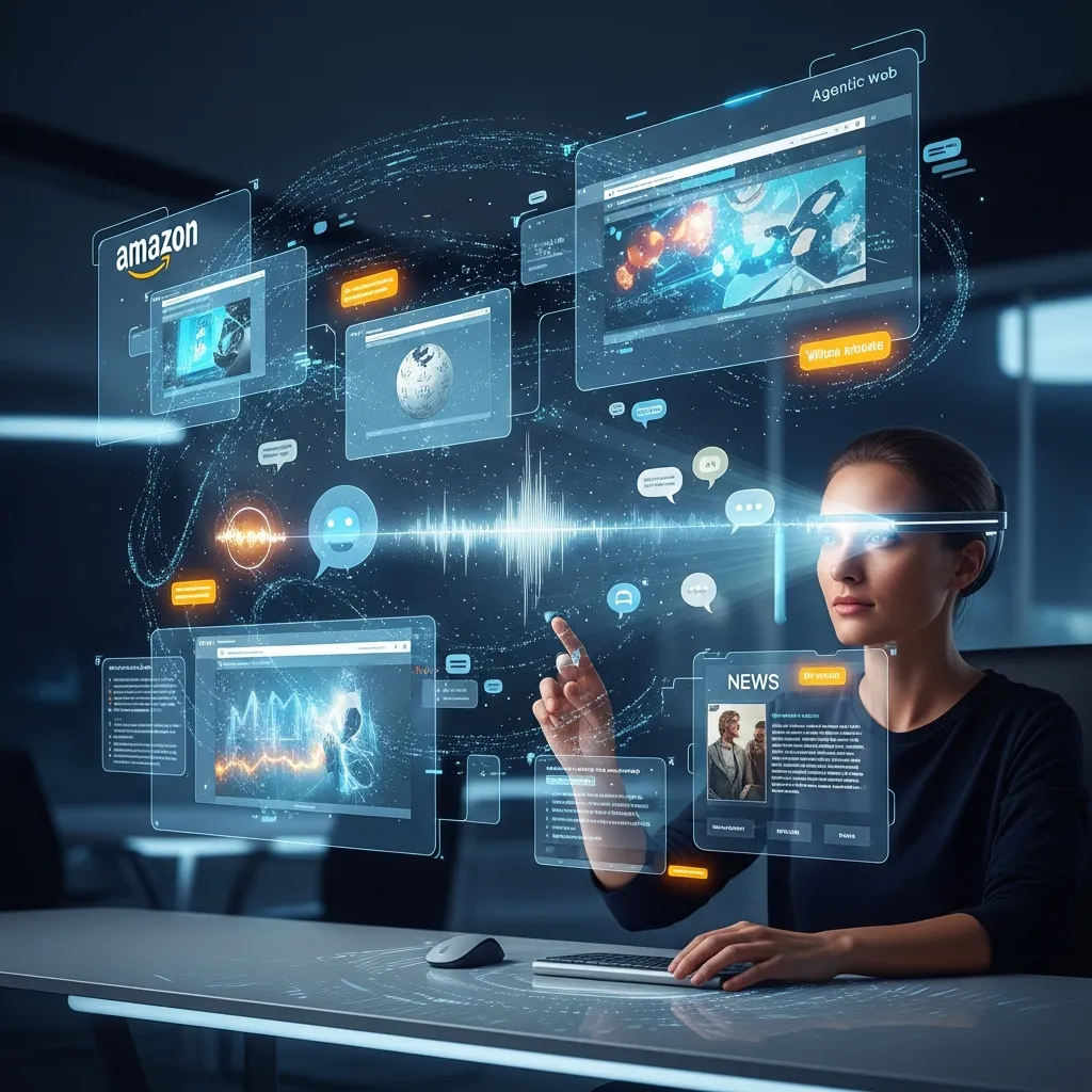 2027년 미래의 에이전틱 웹 컨셉 아트 - 사용자가 AI 에이전트와 대화하며 여러 웹사이트가 연결된 홀로그램 인터페이스
