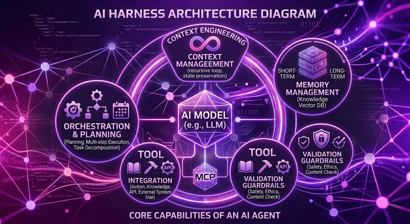 AI Harness architecture diagram - AI model at center surrounded by components like tool integration, memory management, context engineering, validation guardrails arranged in circular structure