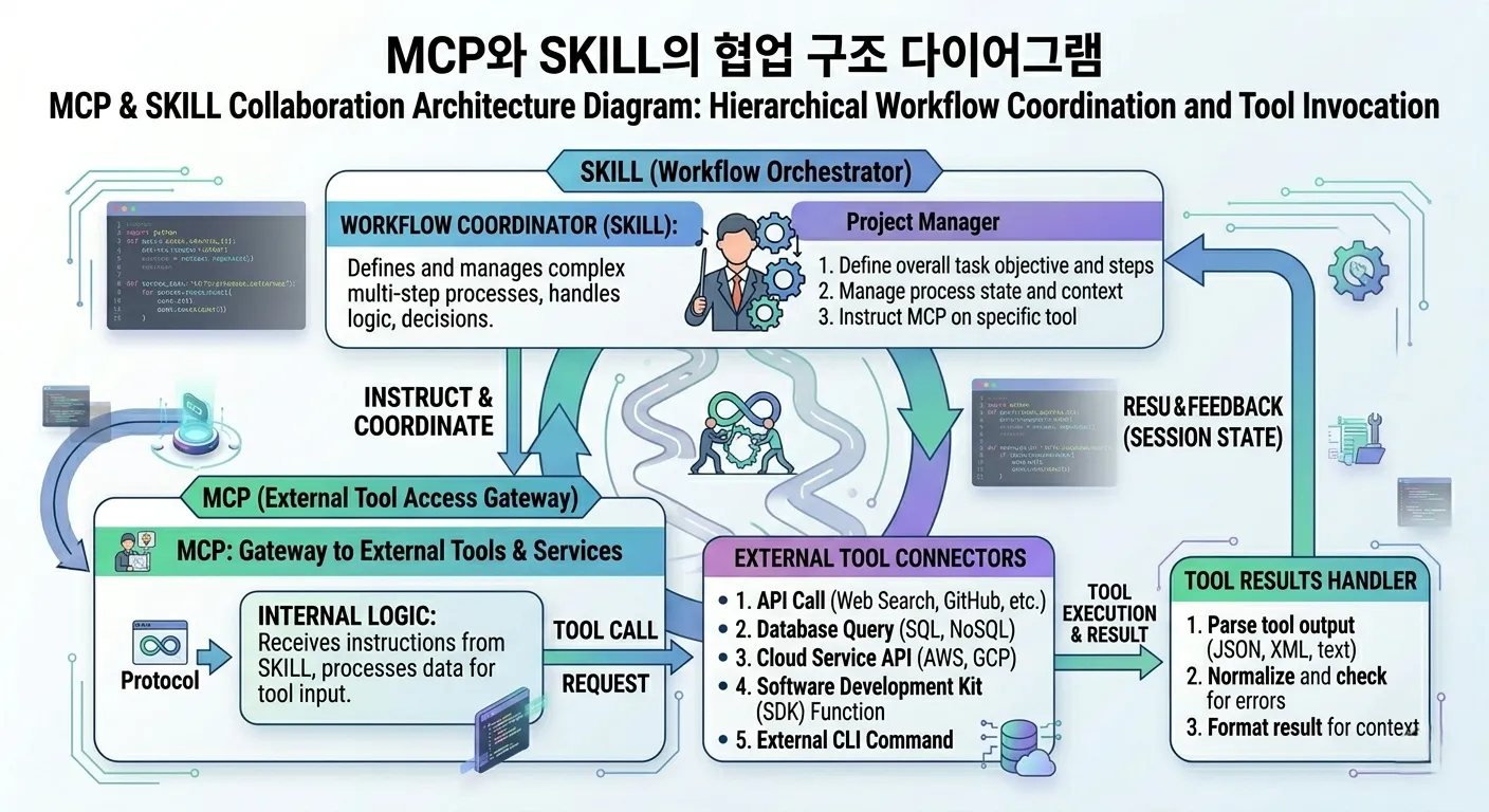 MCP and SKILL collaboration structure diagram - hierarchical structure where SKILL orchestrates workflow and MCP calls external tools