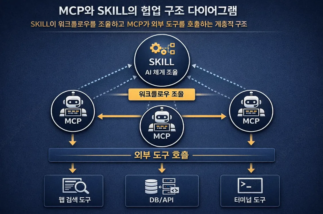MCP와 SKILL의 협업 구조 다이어그램 - SKILL이 워크플로우를 조율하고 MCP가 외부 도구를 호출하는 계층적 구조