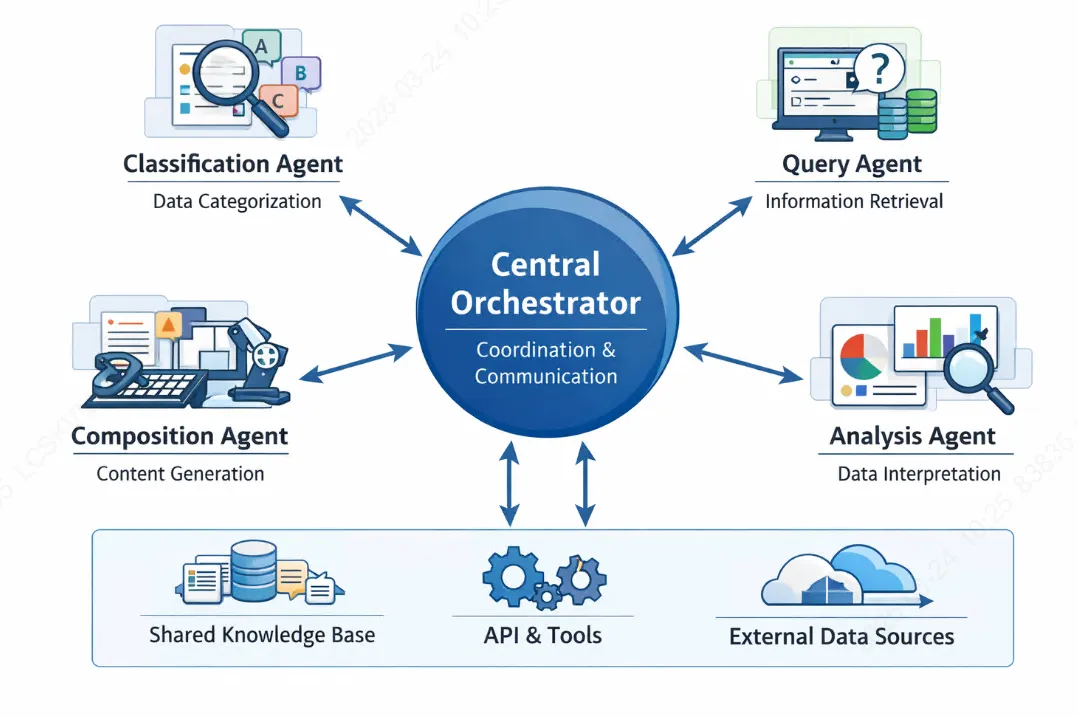 멀티에이전트 아키텍처 다이어그램 - 중앙 오케스트레이터가 여러 전문화된 에이전트(분류, 조회, 작성 등)를 조율하는 구조