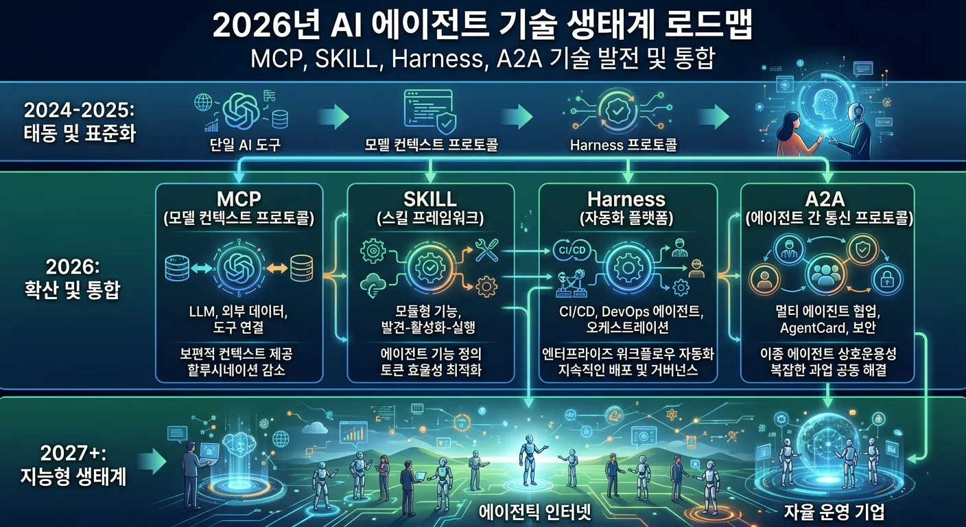 2026년 AI 에이전트 기술 생태계 로드맵 - MCP, SKILL, Harness, A2A 등의 기술이 어떻게 발전하고 통합될 것인지를 보여주는 미래 지향적 인포그래픽