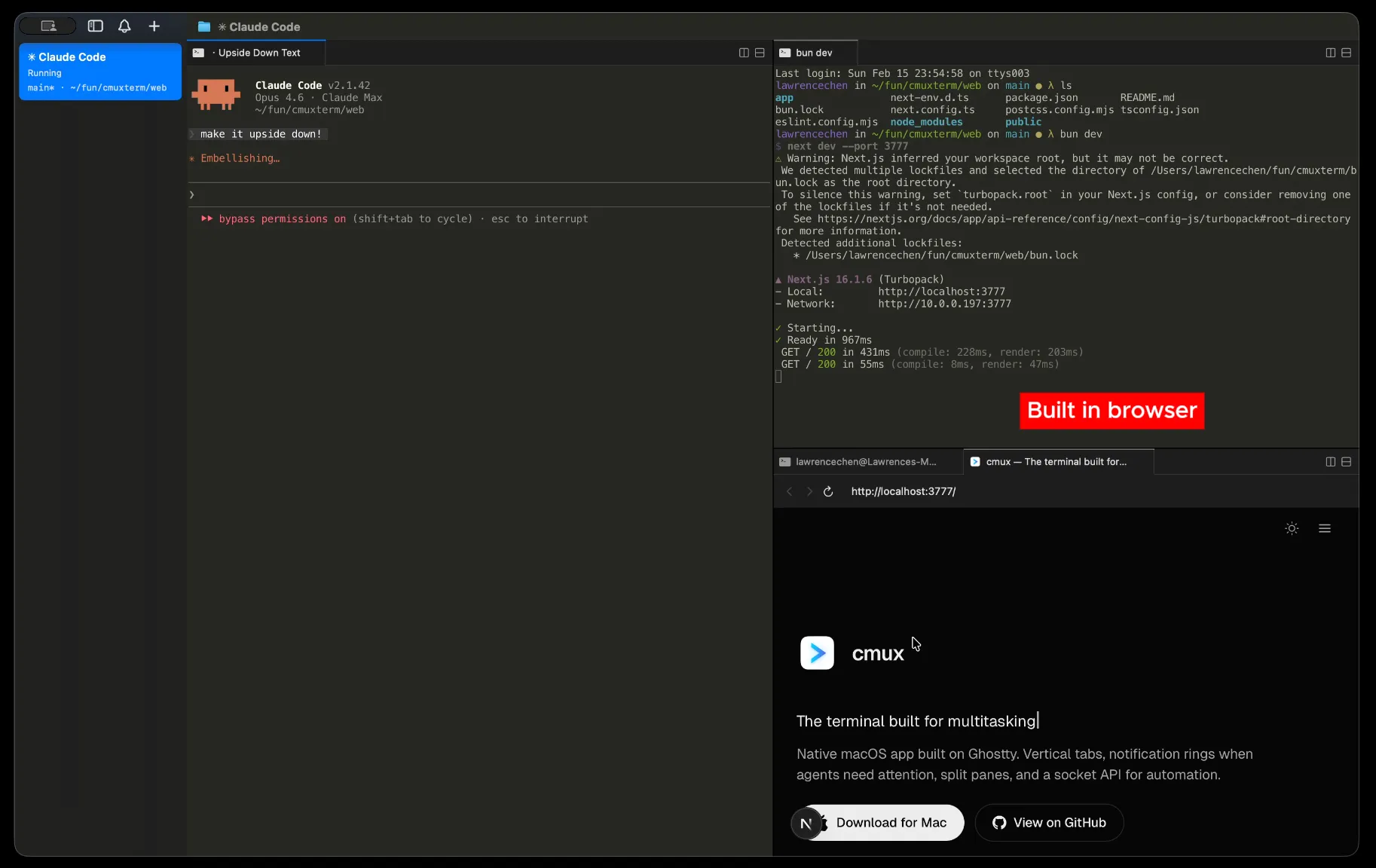 cmux 내장 브라우저 - 터미널과 브라우저가 분할된 화면
