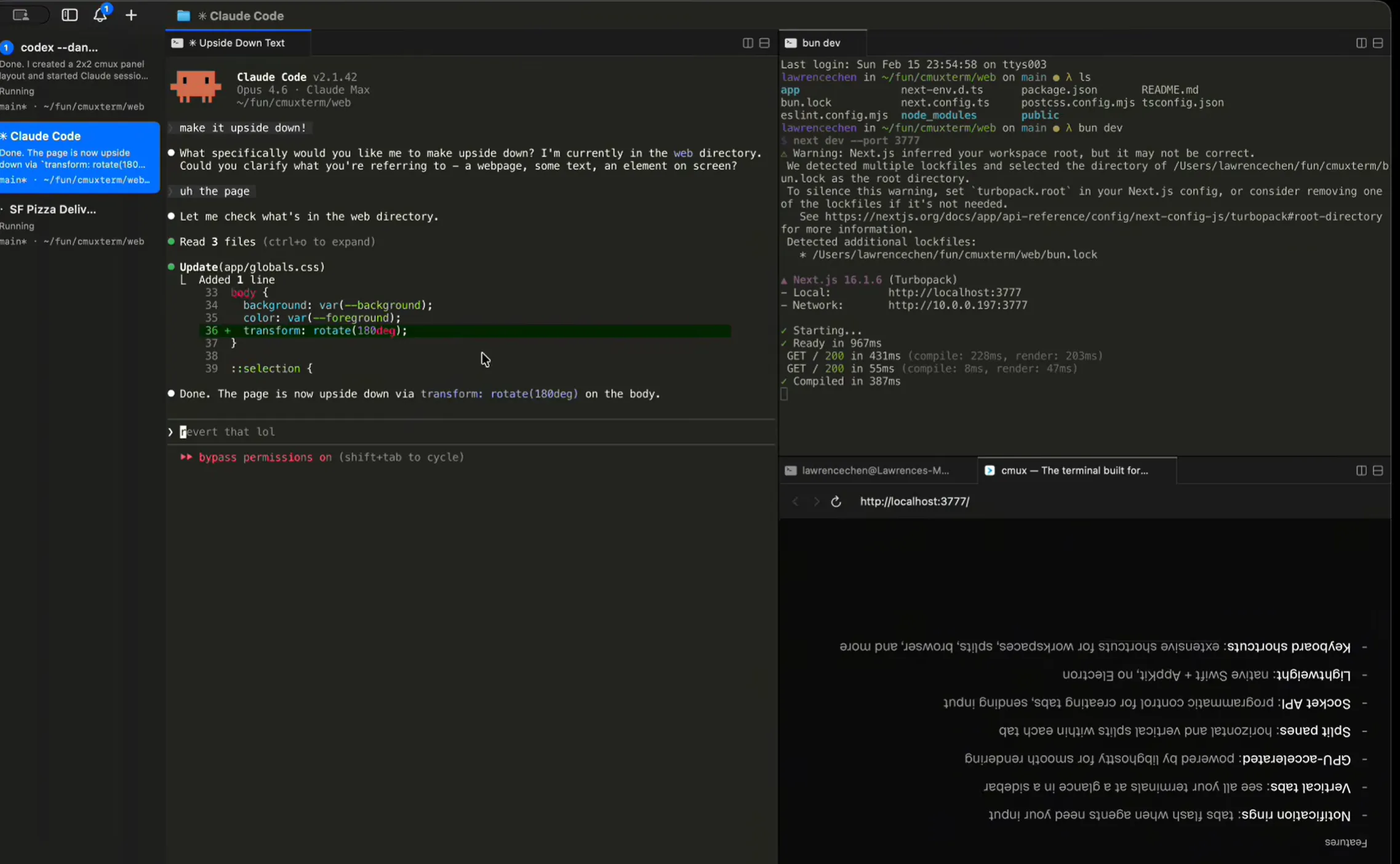 cmux 멀티 에이전트 워크플로우 - 여러 Claude Code 인스턴스가 병렬로 실행되는 화면