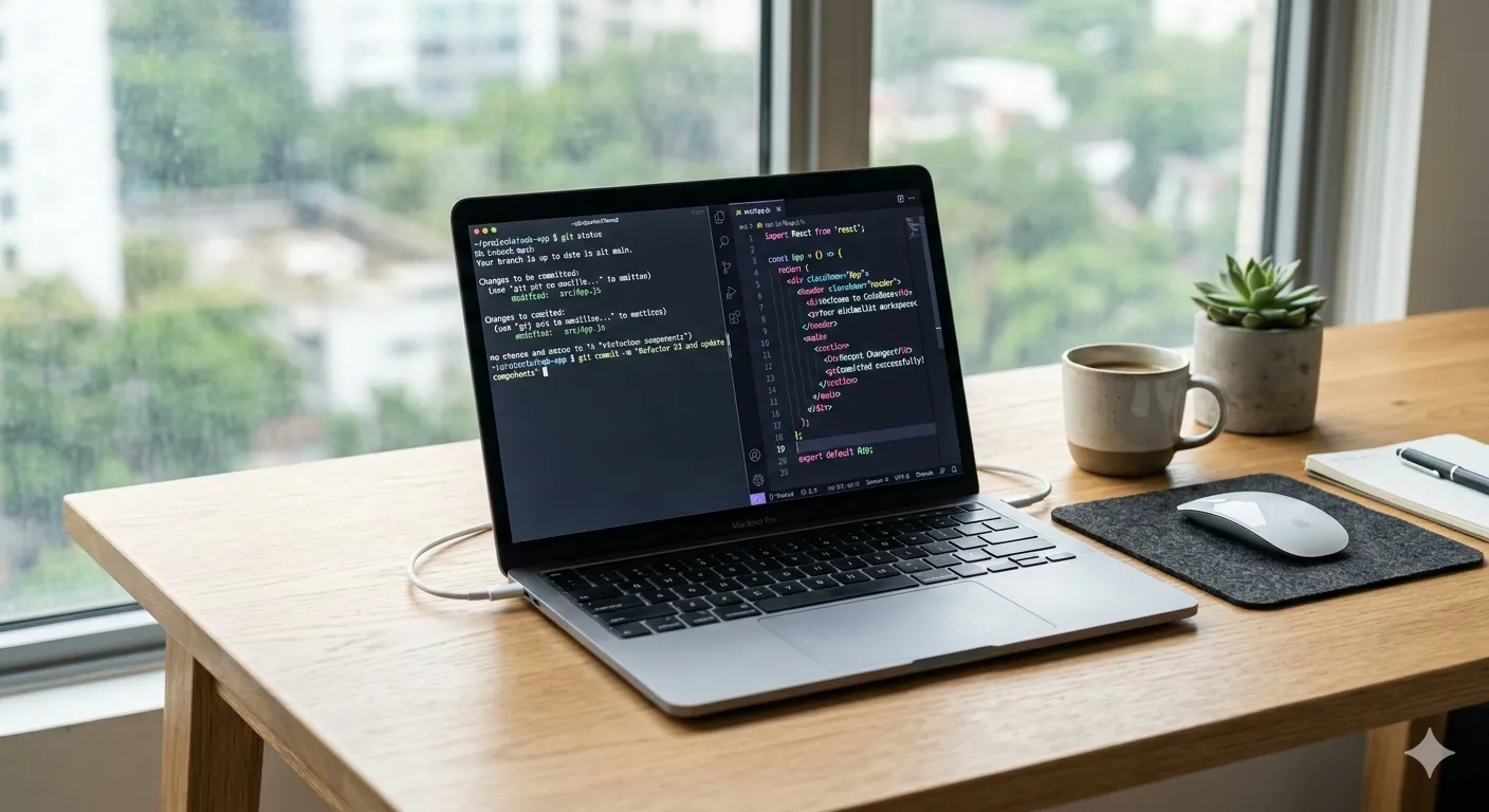 Minimalist developer setup showing a MacBook screen with a Git terminal and clean code editor UI elements