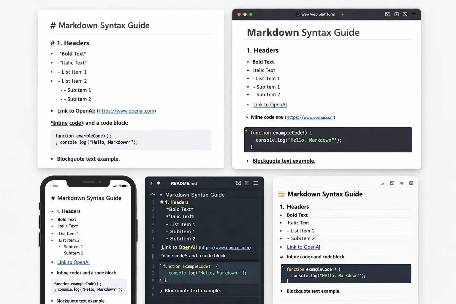 Developer laptop screen showing Markdown code with document icons and syntax highlighting