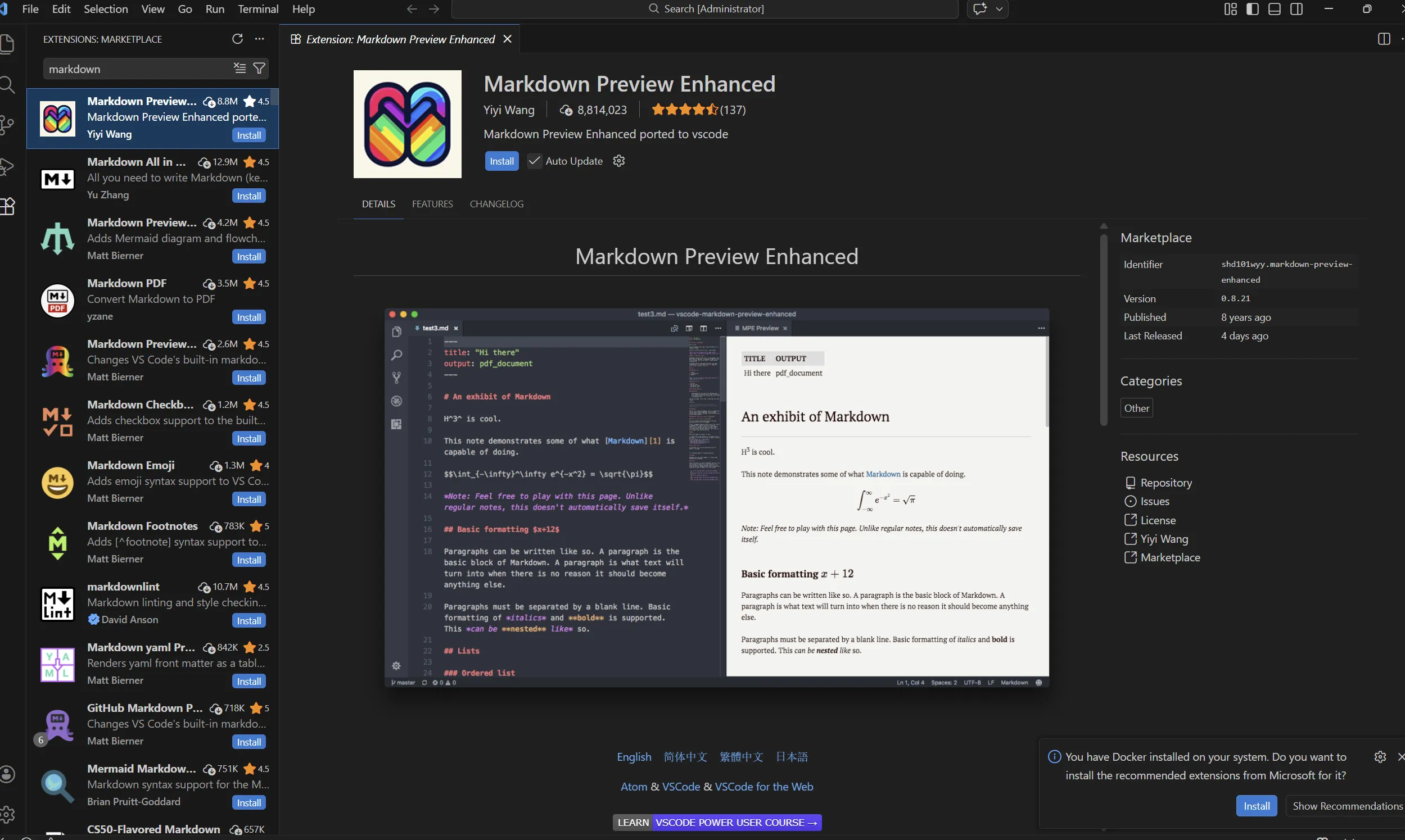 VS Code screenshot showing Markdown extensions being installed and used
