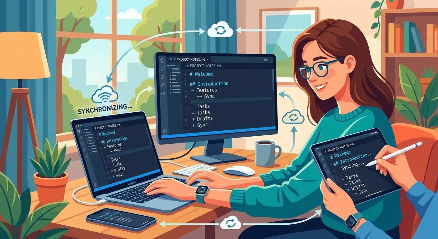Illustration showing Markdown documents being edited and synced across various devices