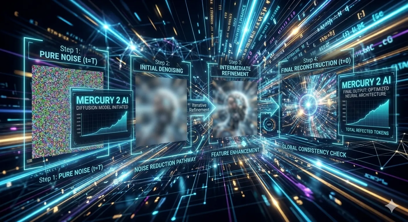How diffusion models work: 4-stage process from noise on the left to clear image on the right
