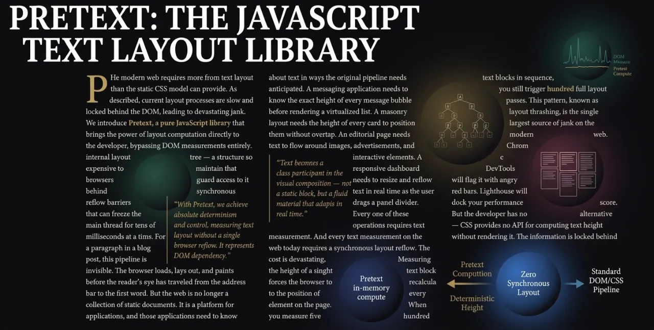 Pretext JavaScript 텍스트 레이아웃 라이브러리 개념도 - Canvas API와 DOM 측정 비교