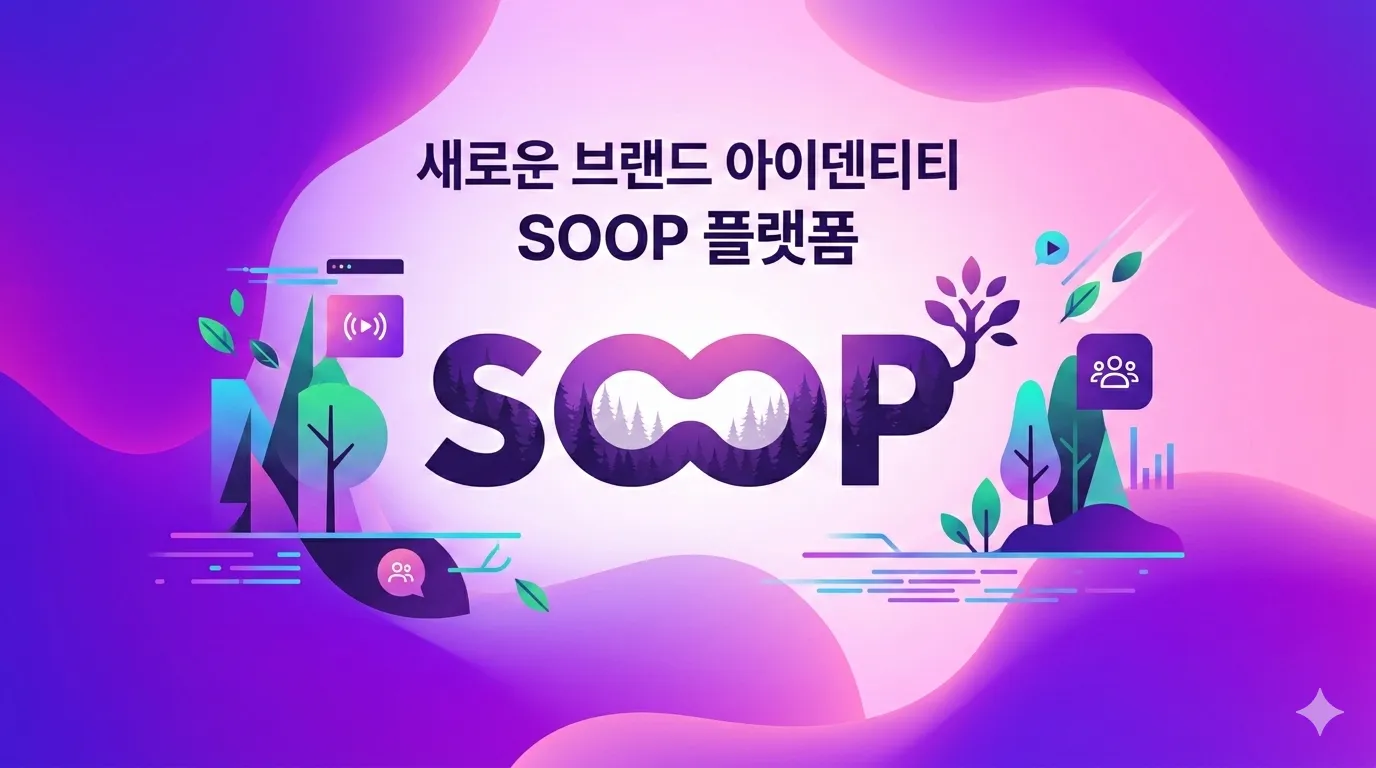 SOOP platform's new brand identity and logo with modern design combining tree and digital elements on purple gradient background