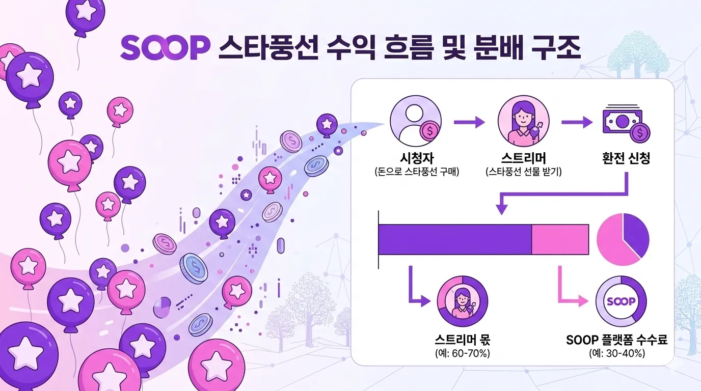 SOOP platform's Star Balloon revenue structure infographic showing revenue flow from viewers to streamers and platform fee structure