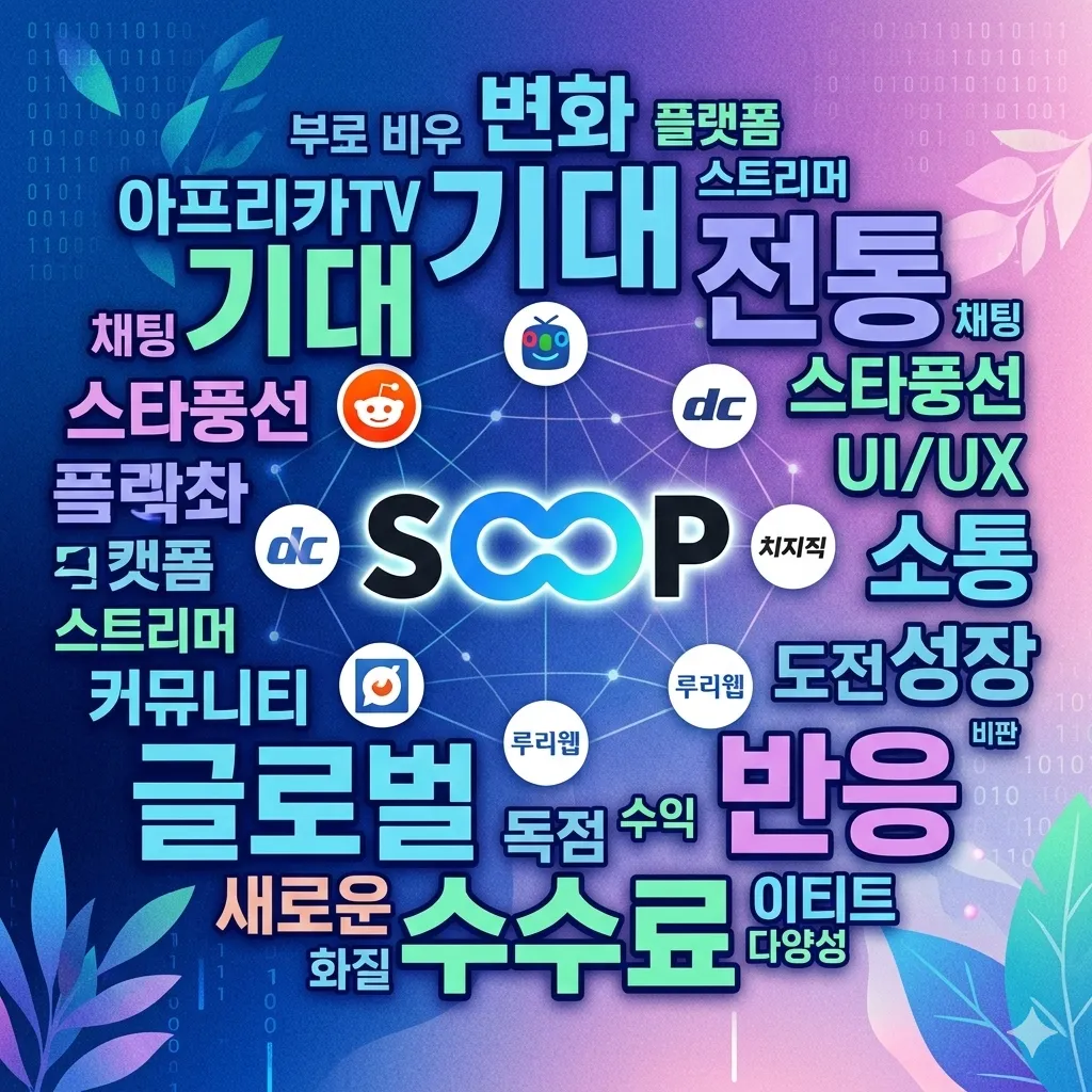 Word cloud of community reactions about SOOP platform, visualization of major keywords mentioned on Reddit, DC Inside, Ruliweb, and other communities