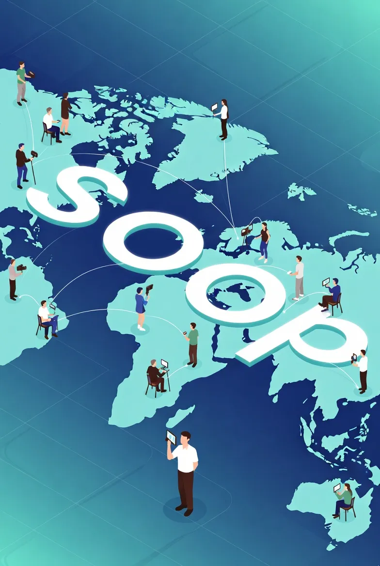 SOOP's global vision concept image for after 2026, SOOP network connecting across world map with streamers and viewers from various countries communicating