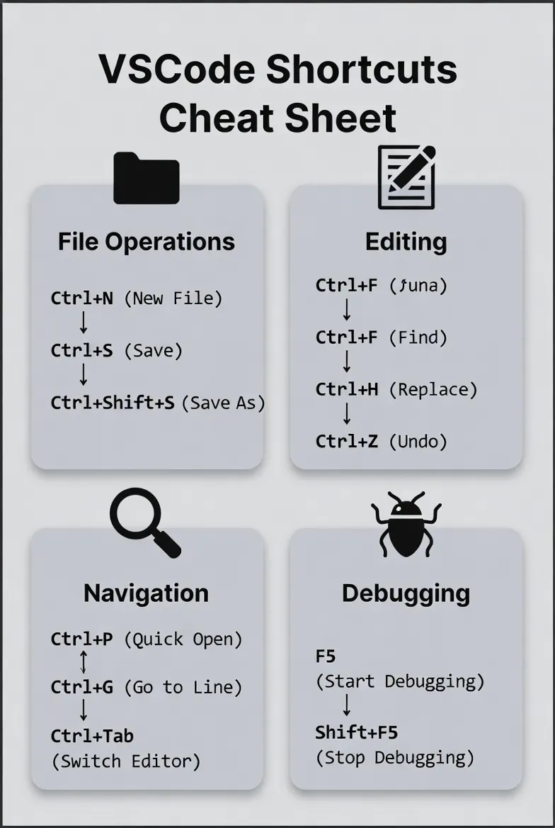 VSCode Shortcuts Summary Cheat Sheet Infographic