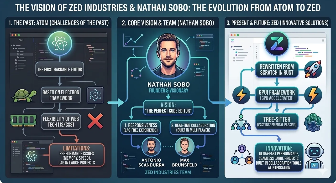 Zed Industries team and Nathan Sobo's vision - infographic showing evolution from Atom to Zed
