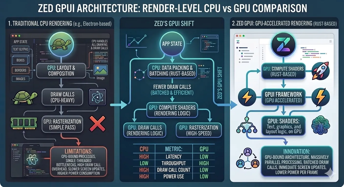 Zed's GPUI GPU-accelerated rendering architecture diagram - CPU vs GPU rendering comparison