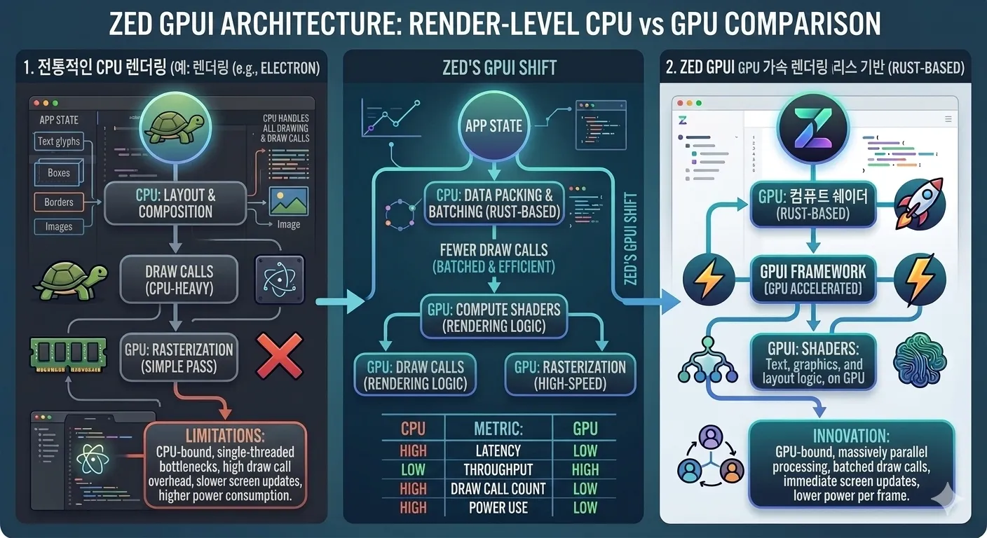Zed의 GPUI GPU 가속 렌더링 아키텍처 다이어그램 - CPU vs GPU 렌더링 비교