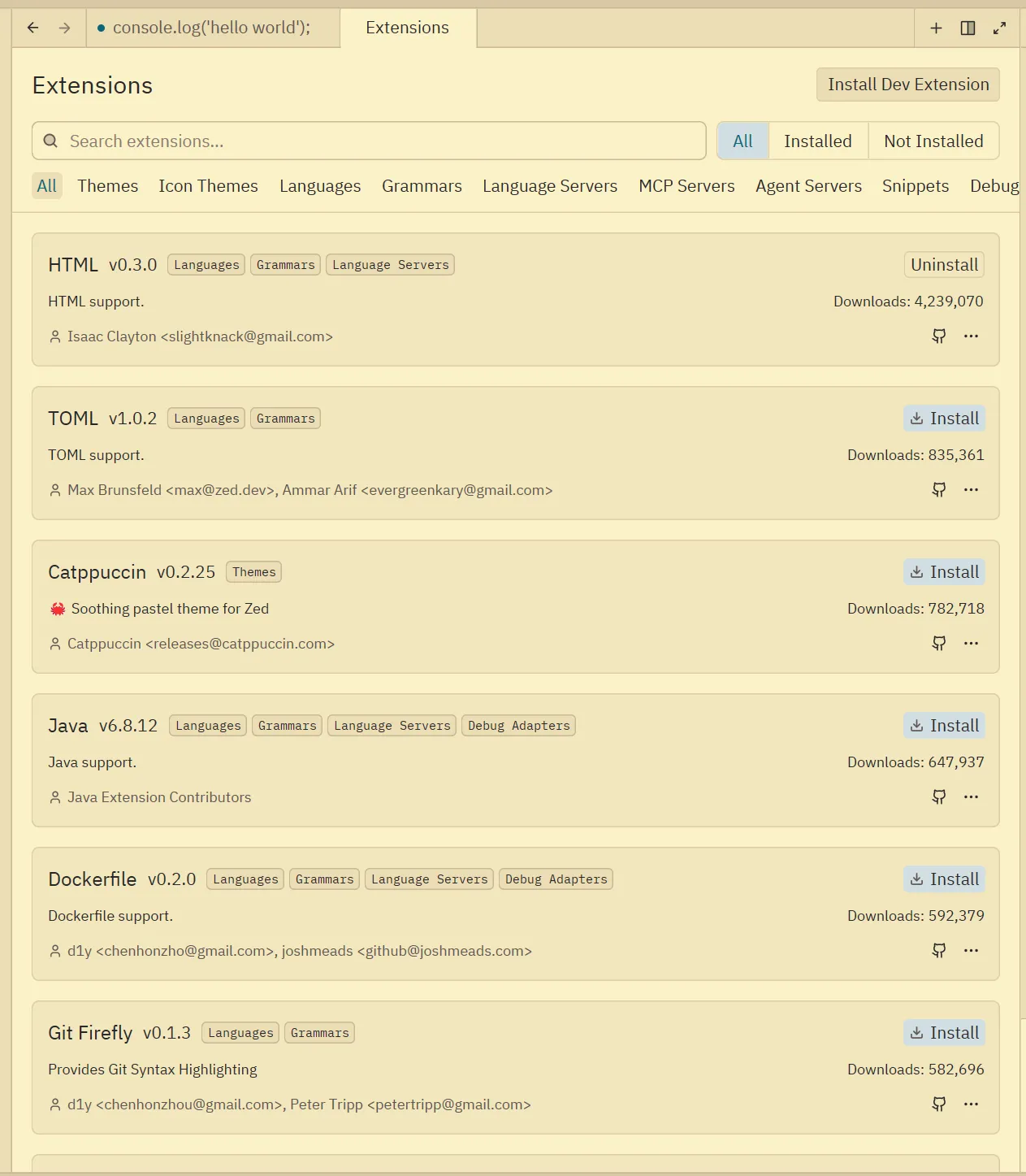 Zed IDE settings screen and theme options, extension manager interface