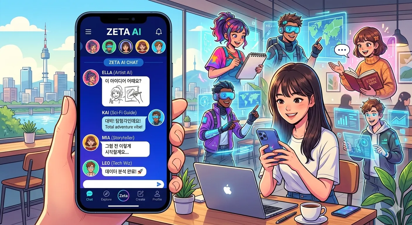 Main image showing Zeta AI app interface with various AI characters having conversations