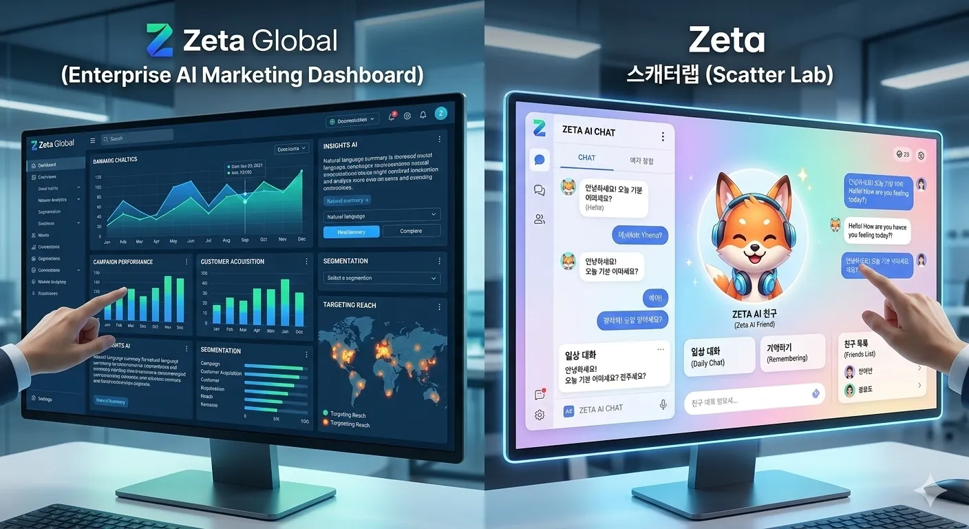 Split screen showing Zeta Global's enterprise AI marketing dashboard on left and Scatter Lab Zeta app's chat interface on right