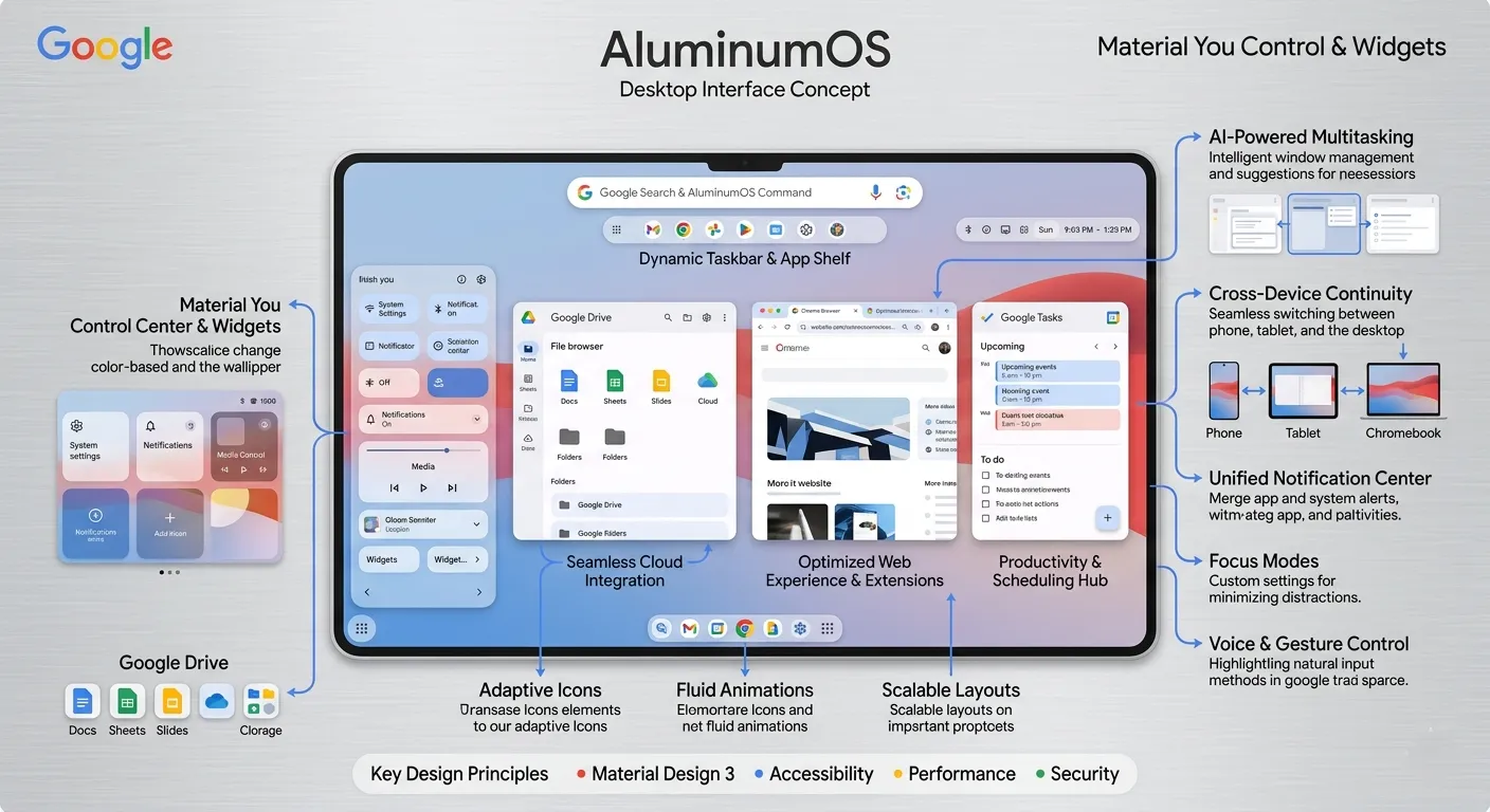 구글 AluminumOS 데스크톱 인터페이스 개념도 - 안드로이드와 크롬OS가 융합된 AI 중심의 차세대 운영체제