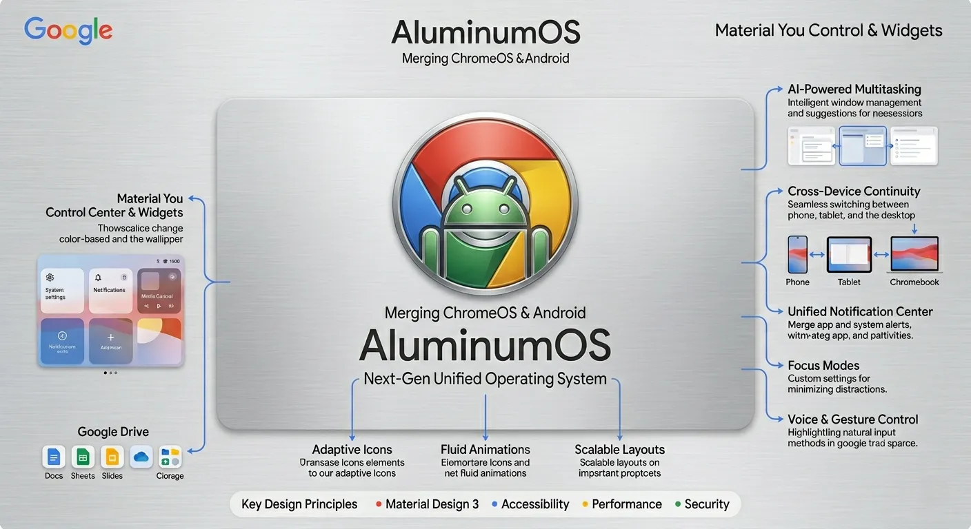 AluminumOS 로고와 크롬OS, 안드로이드 로고가 융합되는 컨셉 그래픽