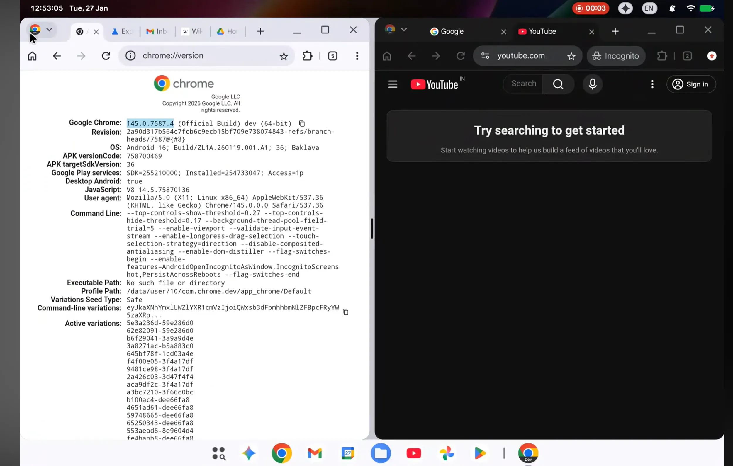 AluminumOS 데스크톱급 멀티태스킹 인터페이스 스크린샷 - 창 분할과 가상 데스크톱 지원