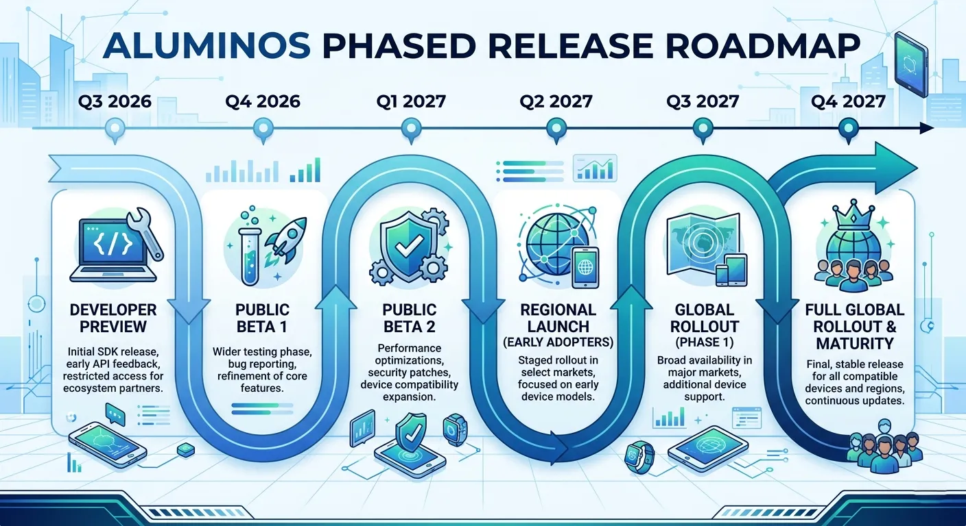 AluminumOS phased release roadmap infographic showing timeline from Q3 2026 developer preview through 2027 full rollout