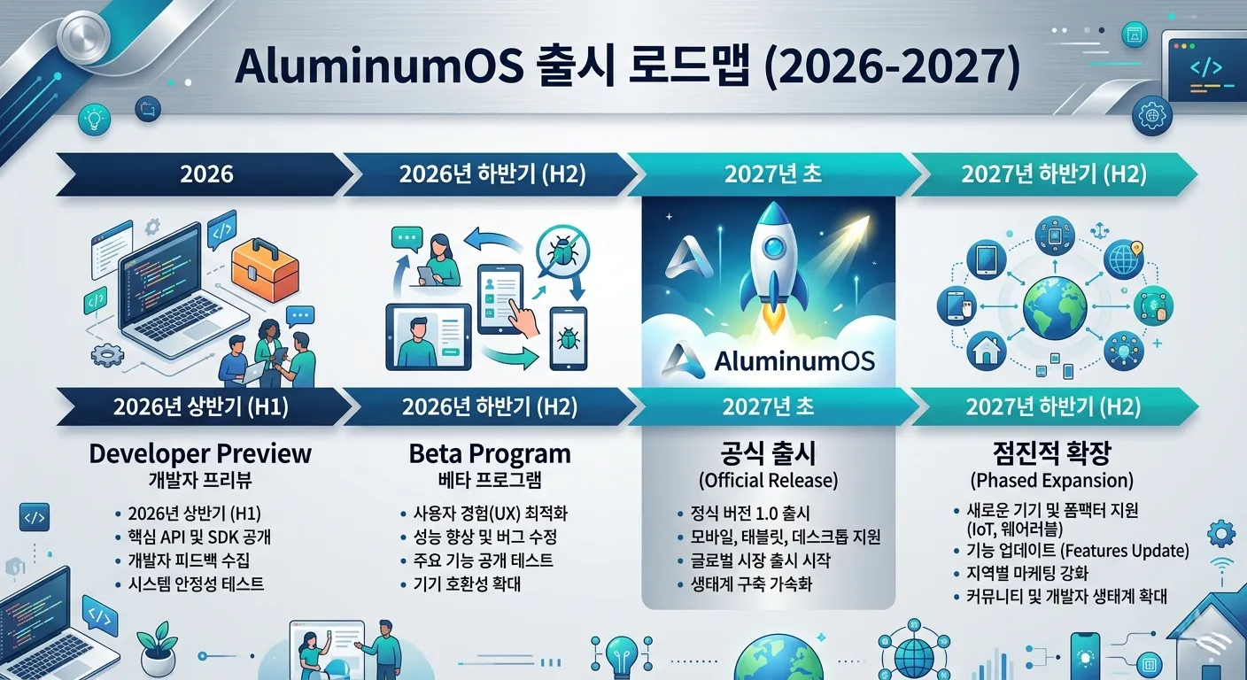 AluminumOS 출시 로드맵 인포그래픽 - 2026년 Developer Preview부터 2027년 점진적 확장까지