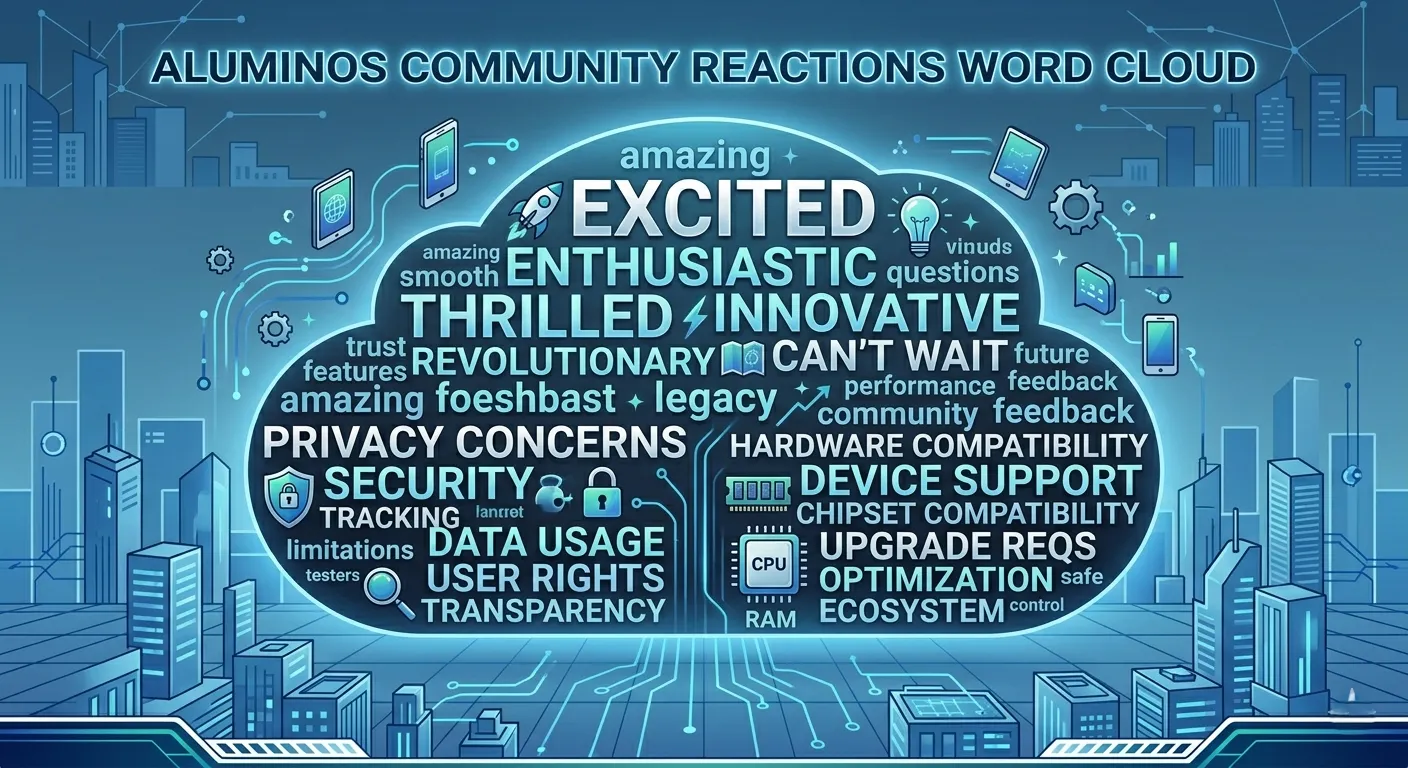 AluminumOS 커뮤니티 반응 워드클라우드 - 기대, 우려, 프라이버시, AI 등 키워드