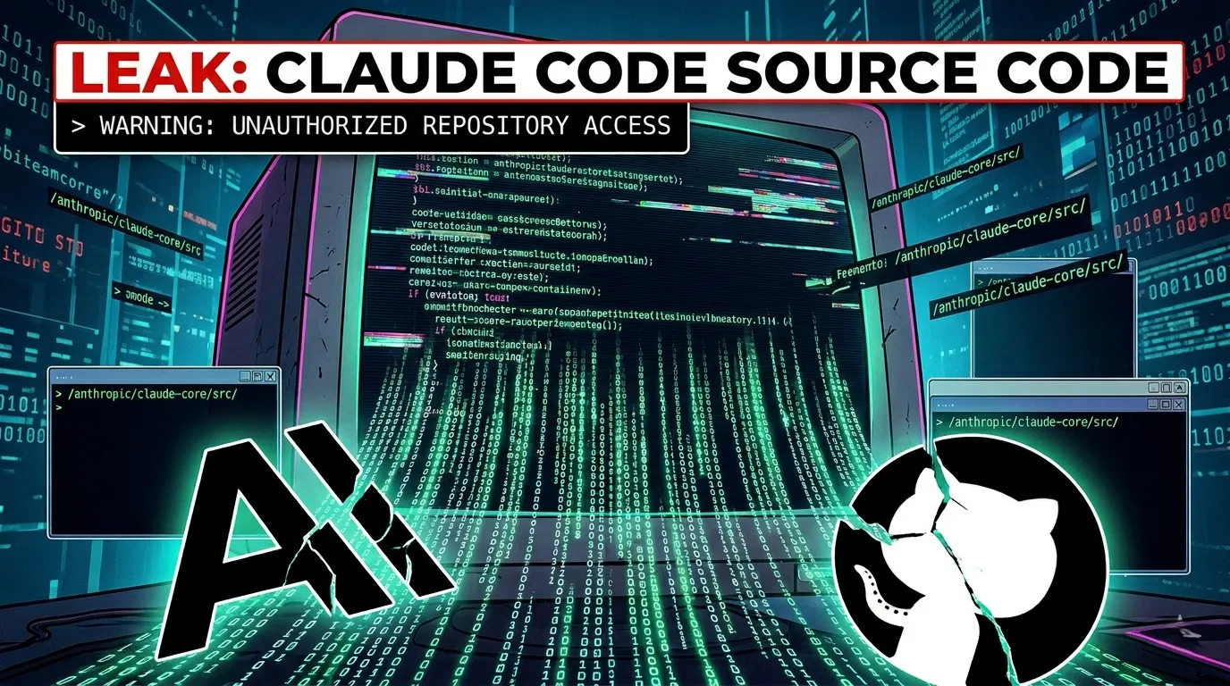 Digital art representing the Claude Code source code leak - terminal screen with code flowing out, combined with Anthropic logo and GitHub icons