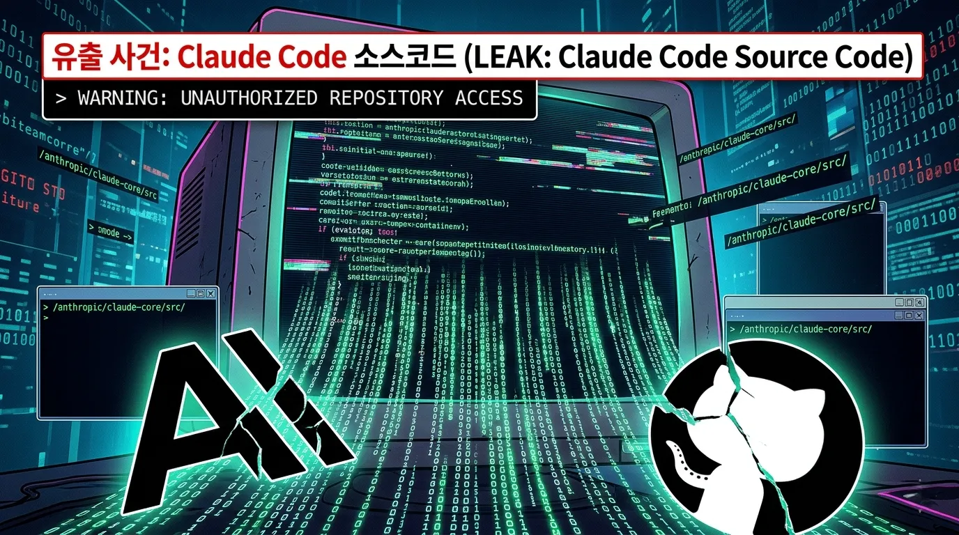 Claude Code 소스코드 유출 사건을 상징하는 이미지 - 터미널 화면에 코드가 쏟아져 나오는 모습과 Anthropic 로고, GitHub 아이콘이 혼합된 디지털 아트