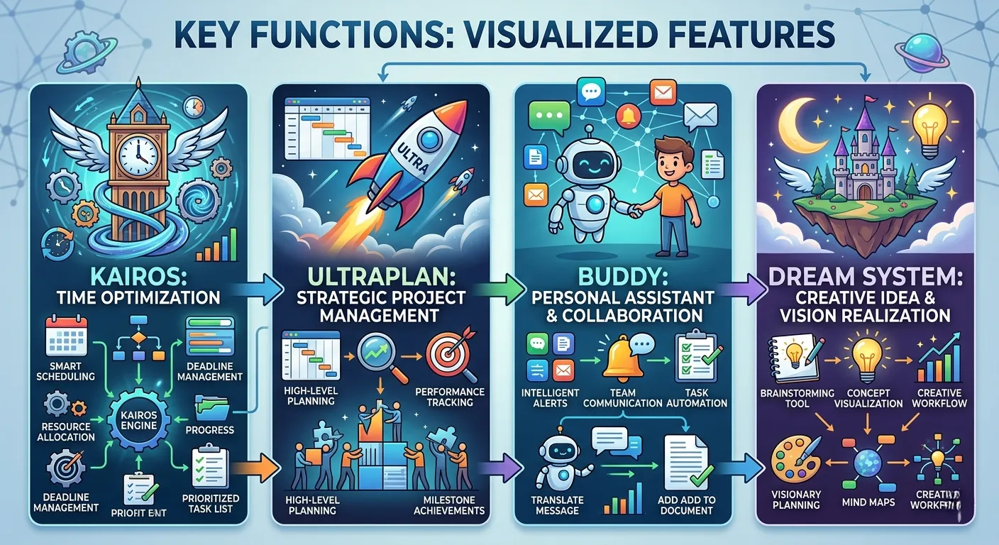 KAIROS, ULTRAPLAN, Buddy, Dream System 기능을 아이콘으로 표현한 인포그래픽 - 각 기능의 특징을 시각적으로 보여주는 다이어그램