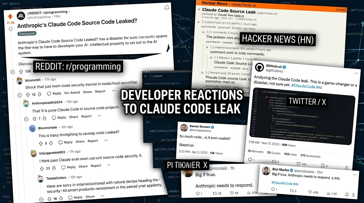 Reddit, Hacker News, Twitter에서의 Claude Code 유출 관련 토론 스크린샷 콜라주 - 개발자들의 다양한 반응을 보여주는 이미지