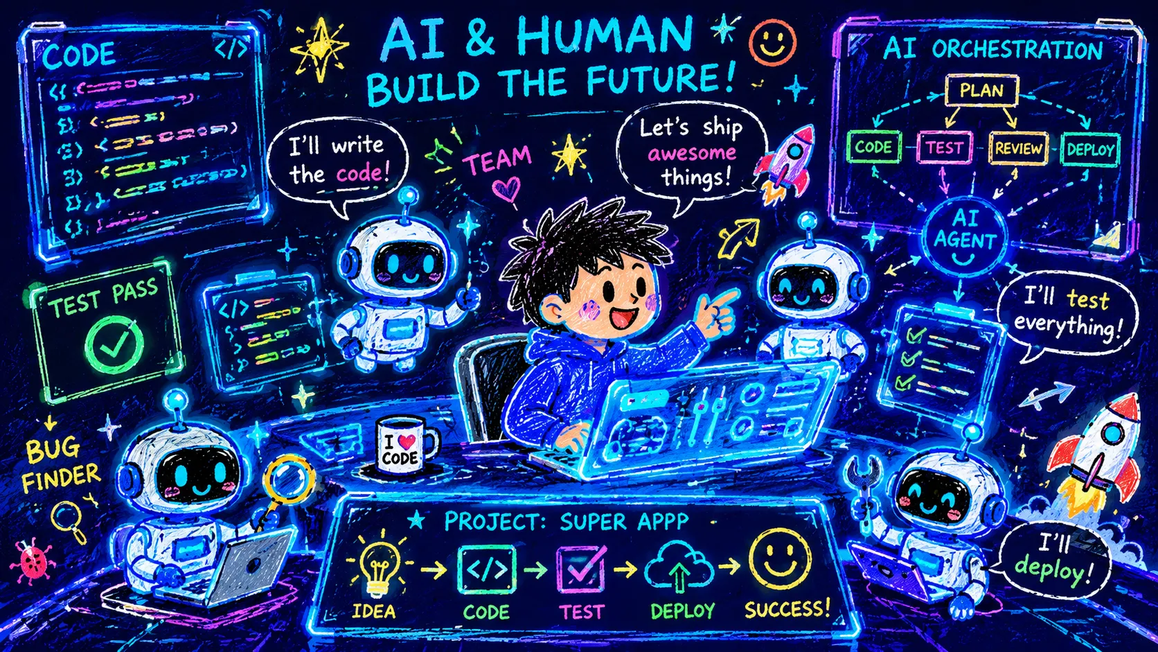 AI era developer survival guide: a human developer and AI coding tools collaborating in a futuristic development environment