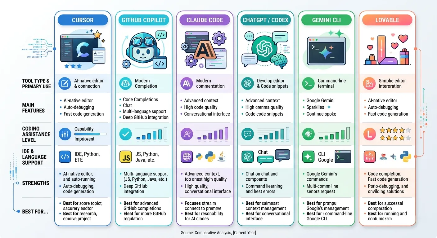 2026 top AI coding tools comparison: Cursor, GitHub Copilot, Claude Code, OpenAI Codex, Gemini CLI, and Lovable side-by-side feature overview
