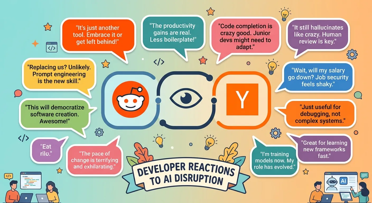 Developer community reactions on Reddit, Teamblind, and Hacker News to AI displacement debate — a curated overview of real developer voices
