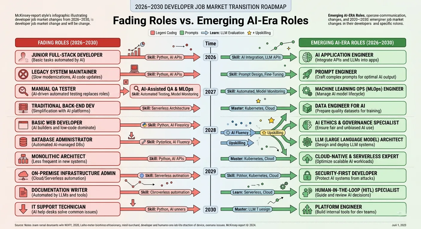 2026-2030 developer job market transformation roadmap: roles being phased out vs. new AI-era positions emerging in software development