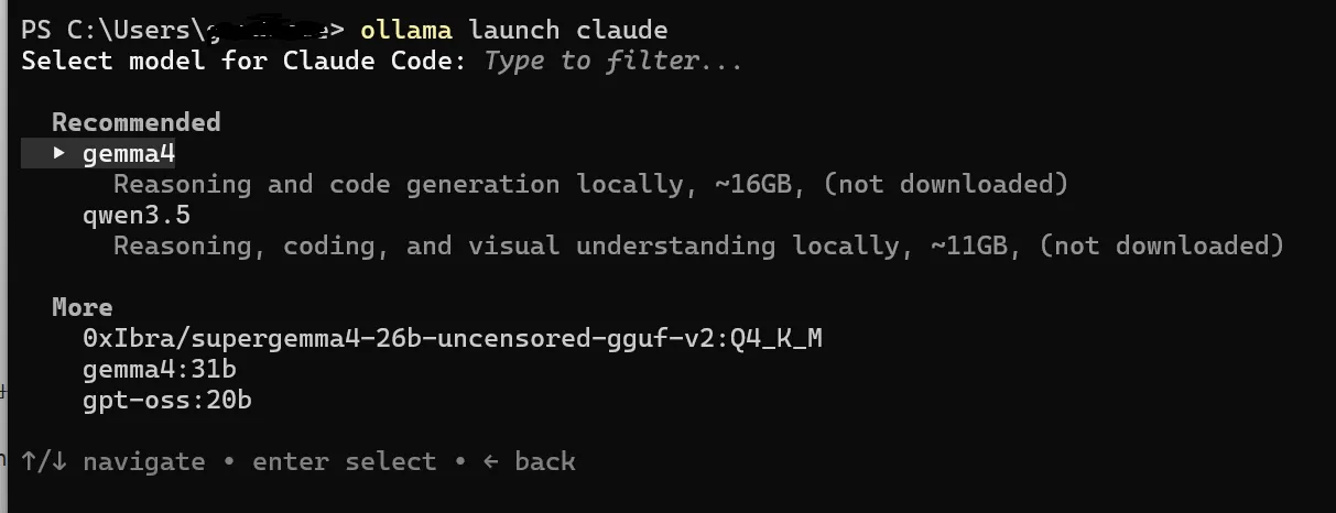Example of Ollama integration settings in Claude Code configuration file