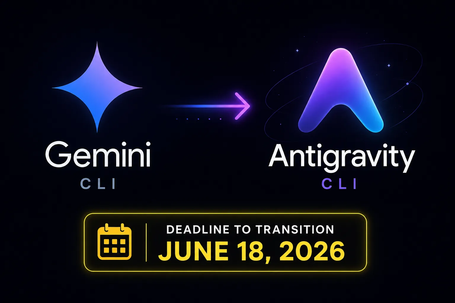 Gemini CLI transitioning to Antigravity CLI (agy) — hero image showing both logos with an arrow between them and the June 18, 2026 deadline highlighted
