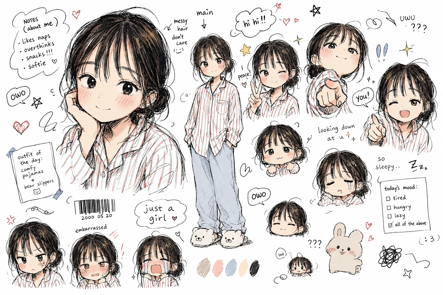 Moe style messy doodle character sheet example